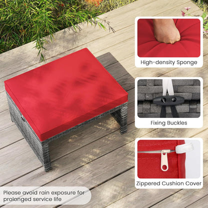 Tangkula 2 Pieces Patio PE Rattan Ottomans, Multipurpose Outdoor Footstool Footrest Additional Seating Side Table with Soft Zippered Cushions for Deck, Garden, and Yard (Red)
