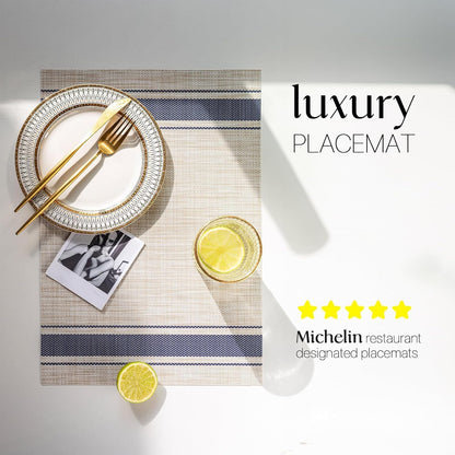 LEXMORE PlaceMats Set of 12 Vinyl/Plastic Woven Place Mats for Kitchen Table Indoor/Outdoor Washable PlaceMat Wipeable Dining Table Mats(Blue Skyline)