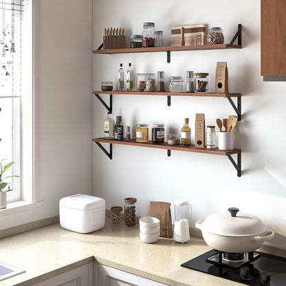 Heimlove Floating Shelves for Wall, 36 Inch Long Wood Floating Bookshelf Set of 3, Wall Mounted Hanging Shelf for Bathroom Bedroom Kitchen, Walnut