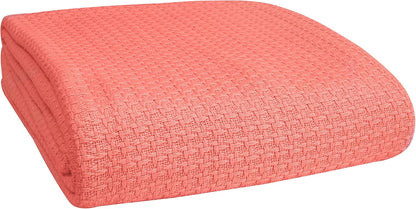 BELIZZI HOME 100% Cotton Bed Blanket, Breathable Bed Blanket Full Queen Size, Cotton Thermal Blankets Full Queen, Perfect for Layering Any Bed for All Season, Coral