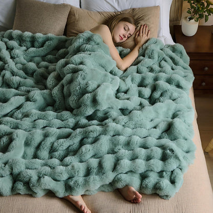 Lotus Karen Faux Fur Throw Blanket Sage Green - Big Bubble Rabbit Fluff Blanket for Couch Bed Sofa,Softest Fluffy Fuzzy Cozy Blanket,Plush Thick Furry Shaggy Warm Blankets for Women,60x80 Inches