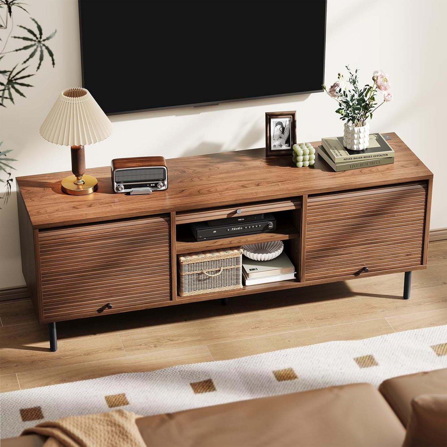 59 Inch TV Stand with Power Outlet for TVs up to 65 Inch, Entertainment Center with Storage, Mid-Century Modern TV Console, Adjustable Shelf & Sliding Doors, TV Stand for Living Room, Bedroom, Walnut