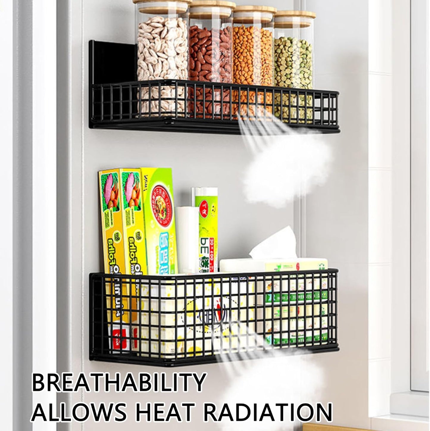 Magnetic Basket Fridge Organizer Wire Bins Pencil Holder Whiteboard Accessories Home Kitchen Organization (Black-Low)