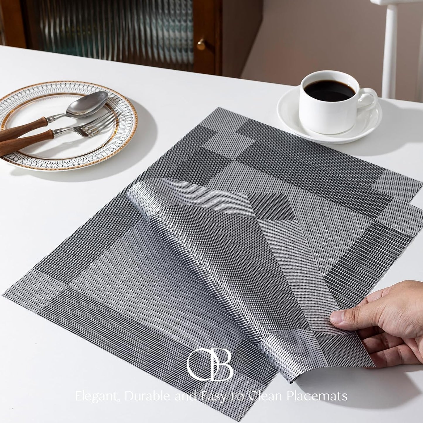 Placemats Set of 4 - Easy Clean Woven Vinyl Placemats for Dining Table, Indoor/Outdoor Place Mats, Washable PVC Table Mats （Silver Cube）
