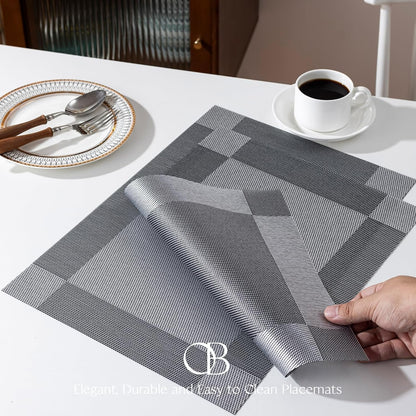 Placemats Set of 4 - Easy Clean Woven Vinyl Placemats for Dining Table, Indoor/Outdoor Place Mats, Washable PVC Table Mats （Silver Cube）