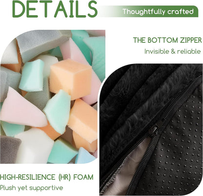 HIGOGOGO Round Stuffed Pouf Ottoman, Stripe Faux Fur Poufs with Foam Chunk Filling, Furry and Fluffy Pouf Foot Stool Storage Ottoman, 26 X 18 Floor Poufs Foot Rest for Living Room, Black