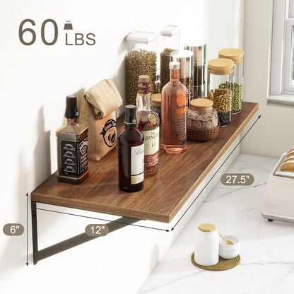 Fun Memories 27.5" W x12 D Floating Shelves, Large Wall Shelves 27.5 Inch Long, Set of 2, Farmhouse Wood Floating Shelf Wall Mounted, Deep Shelves for Bathroom, Living Room, Kitchen, Walnut Color