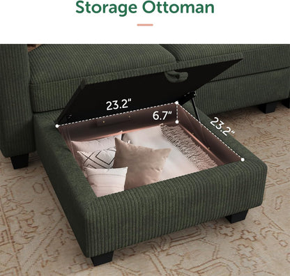 HONBAY U-Shaped Corduroy Sectional Couch with 6 Seaters Modular Sectional Sofa with Storage Sectional Couches for Living Room, Green