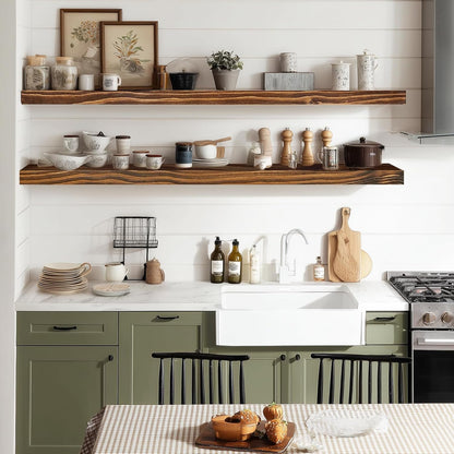 36"x6.8"x1.2" Solid Wood Floating Shelves 2-Pack - Rustic Brown Finish with Hidden Brackets, Perfect for Storage and Décor in Living Room, Kitchen, Bedroom