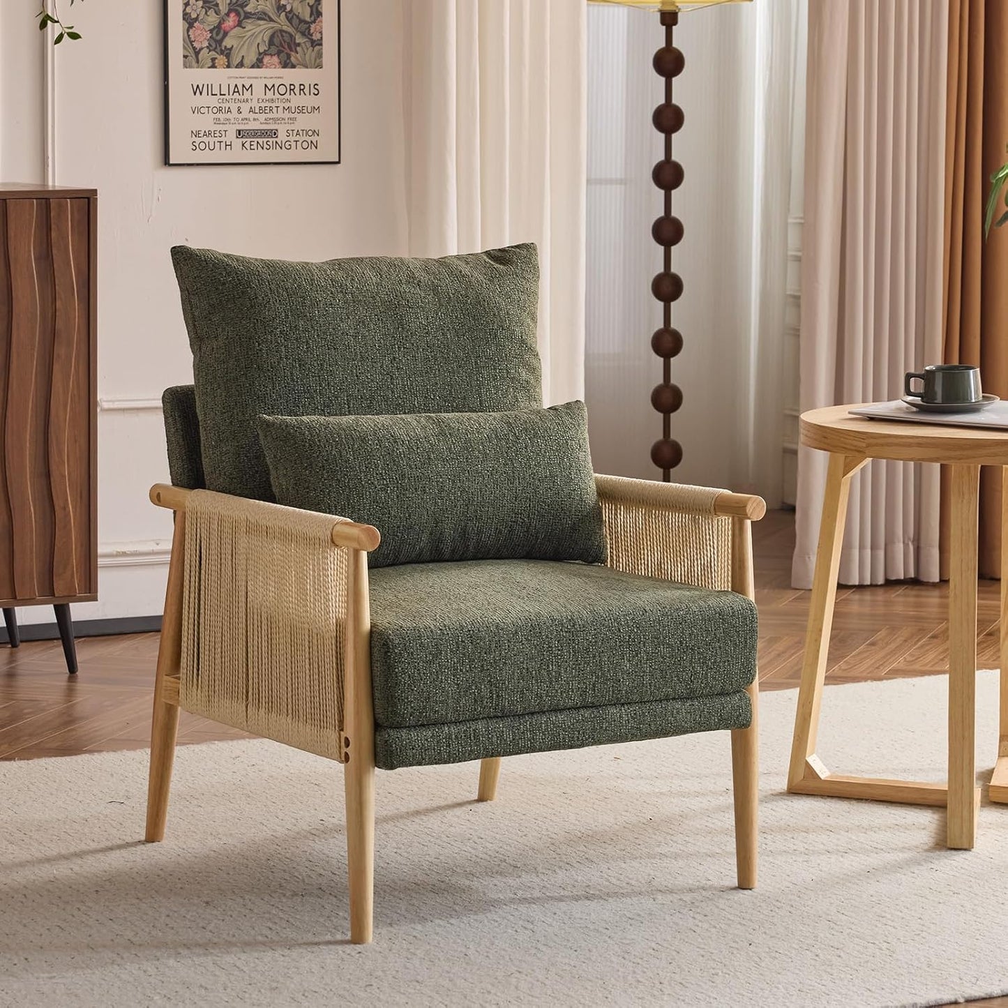 VINGLI Boho Braid Accent Armchair,Mid-Century Modern Chiar with Solid Wooden Armrest,Comfy Louge Cushion Chair with Waist Pillow for Bedroom,Living Room,Reading Room, Dark Green