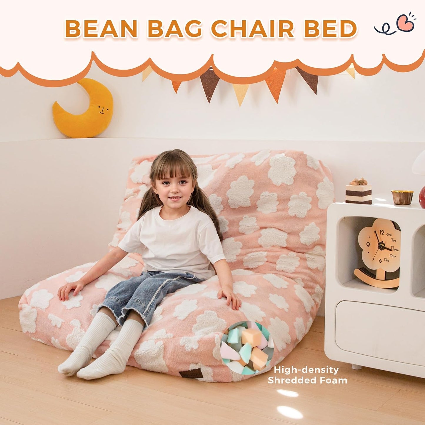MAXYOYO Bean Bag Chair Bed for Kids, Convertible Bean Bag from Lazy Chair to Floor Bed, Fresh Cloud Design Cover, Stuffed Floor Sofa Couch for Boys and Girls, High-Density Foam Filling, Pink