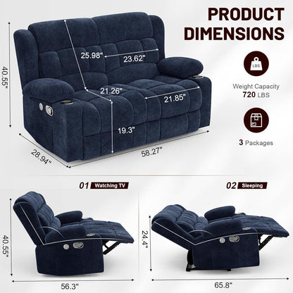 Loveseat Recliner Sofa Set with 2+1 Pieces, 2 Seater Minimalist Style Fabric Manual Pull Tab Reclining Loveseat with USB Charge Ports, Cup Holders, Recliner Couches for Living Room, RV, Blue