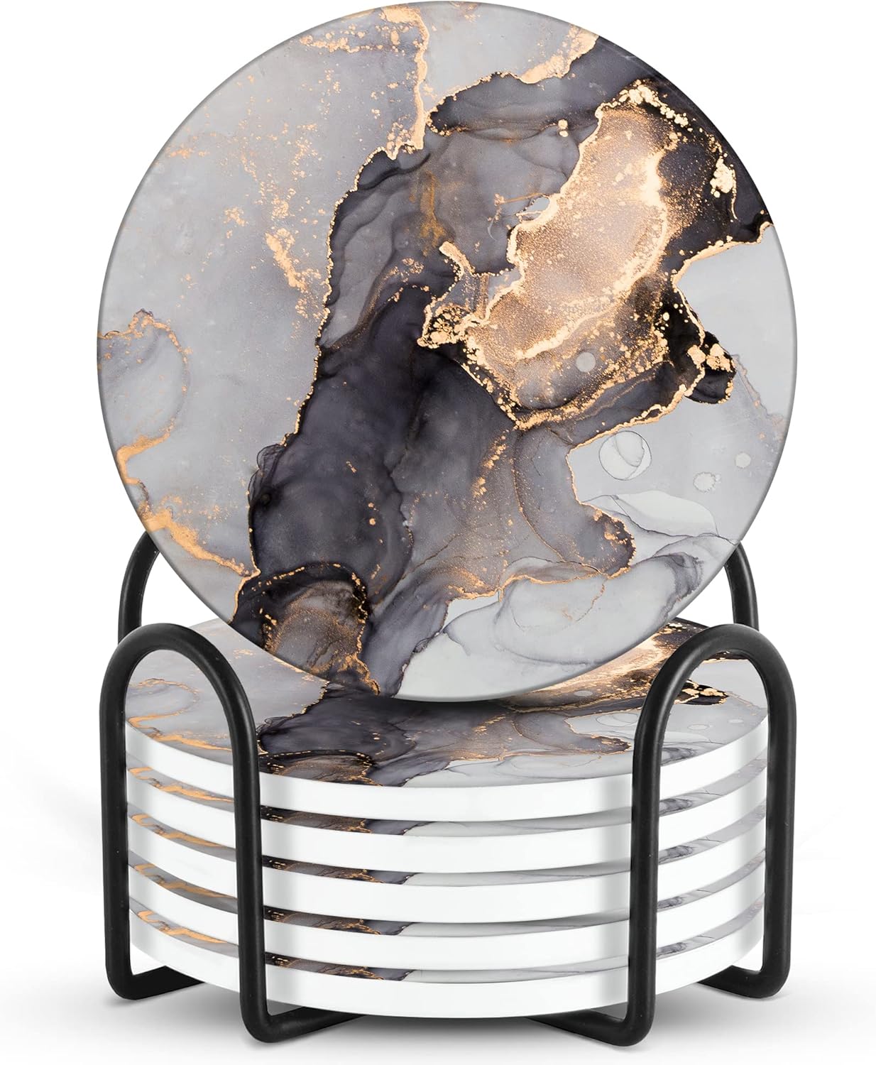 Emerson Coasters for Drinks Absorbent – Saucers Coffee Table Set of 6 with Holder, 100% Ceramic Wooden Tabletop Protection Marble Style, Non-Slip & Cork Bottom - Heavy Duty Drink Coasters (Crown)