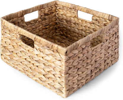 Large 14.5” x 13.5” x 8” (Set of 3) Natural Water Hyacinth Woven Storage Baskets, Rectangular Wicker Basket with Built-in Handles, Large (Natural)