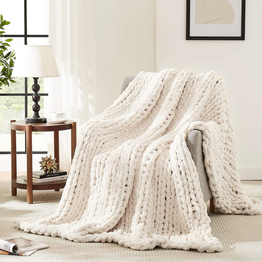 L'AGRATY Chunky Knit Blanket Throw: 30''x40'' Chenille Chunky Knitted Throw Blankets for Bed Couch - Handmade Thick Big Cable Knit Blankets - Large Crochet Rope Blanket for Home Decor(Ivory)