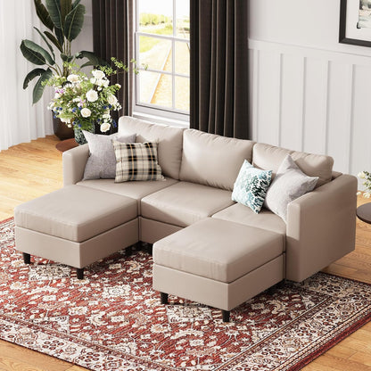 91.5" Faux Leather U Shaped Modular Sectional Sofa, 5 Seater Couch with Movable Ottoman Deep Seat and Storage Seat with Removable Cover for Living Room, Apartment - Whitesand