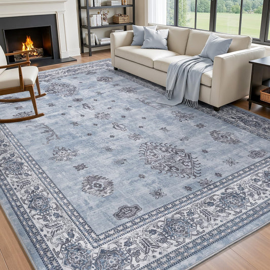 AMOAMI-Vintage Area Rug 5X7 Blue Rugs for Living Room-Soft Living Room Rug Non Slip Rugs for Bedroom Carpet Machine Washable Rug for Dining Room Bedside Office Room Decor