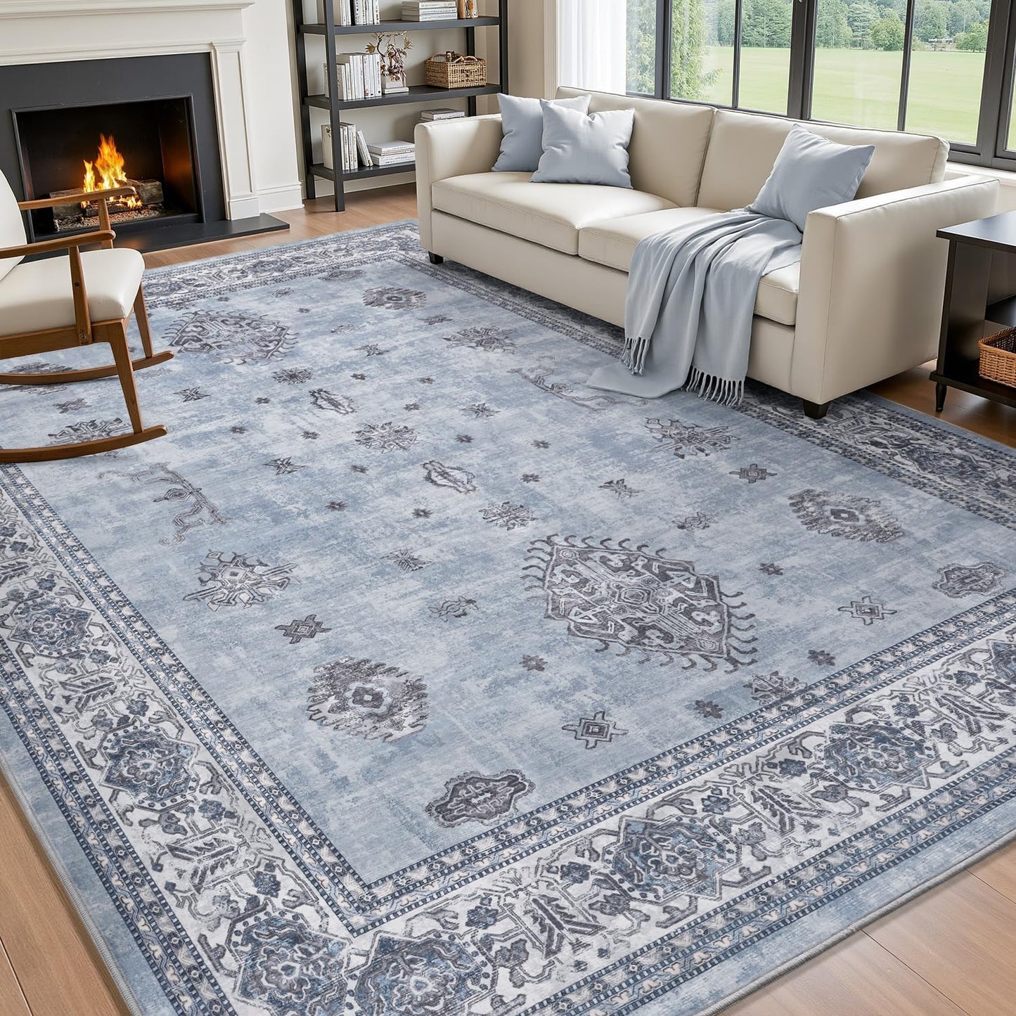 AMOAMI-Vintage Area Rug 6X9 Blue Rugs for Living Room-Soft Living Room Rug Non Slip Rugs for Bedroom Carpet Machine Washable Rug for Dining Room Bedside Office Room Decor