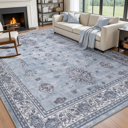 AMOAMI-Vintage Area Rug 8X10 Blue Rugs for Living Room-Soft Living Room Rug Non Slip Rugs for Bedroom Carpet Machine Washable Rug for Dining Room Bedside Office Room Decor