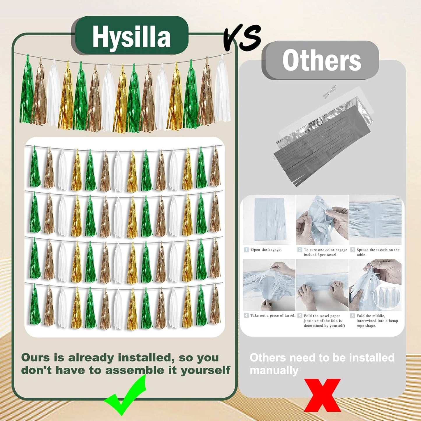 3P Sage-Green Beige-Mint Gold Foil Fringe Metallic Tassel Garland Banner, Tassels Banner Streamers for Parade Floats, Bachelorette, Wedding, Birthday, Christmas, Bridal/Baby Shower Party Decorations