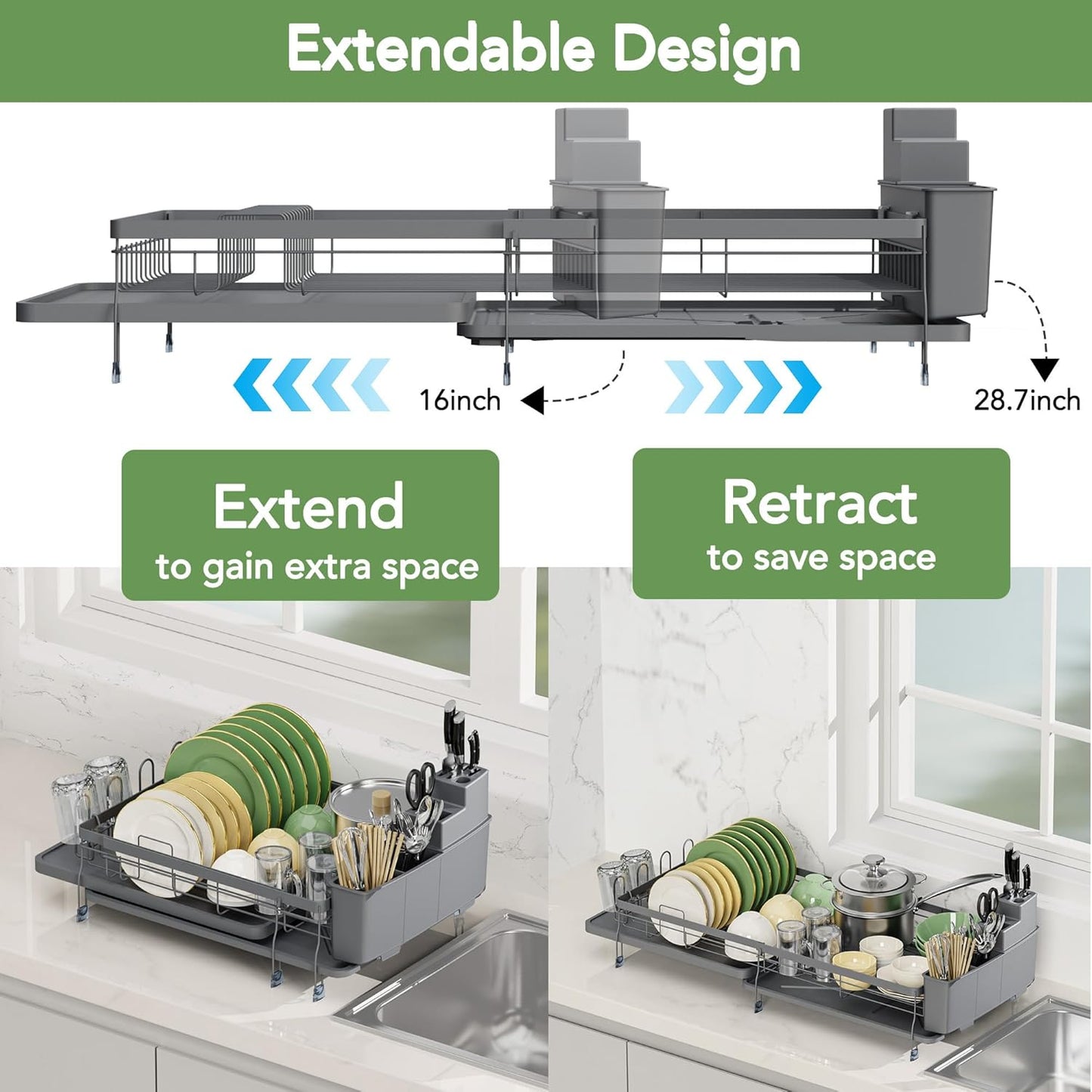 ROTTOGOON Expandable Dish Drying Rack,Multifunctional Adjustable Dish Drainer with Swivel Spout and Anti-Rust Dish Rack with Removable Cutlery & Cup Holders for Kitchen Counter,Dark Grey