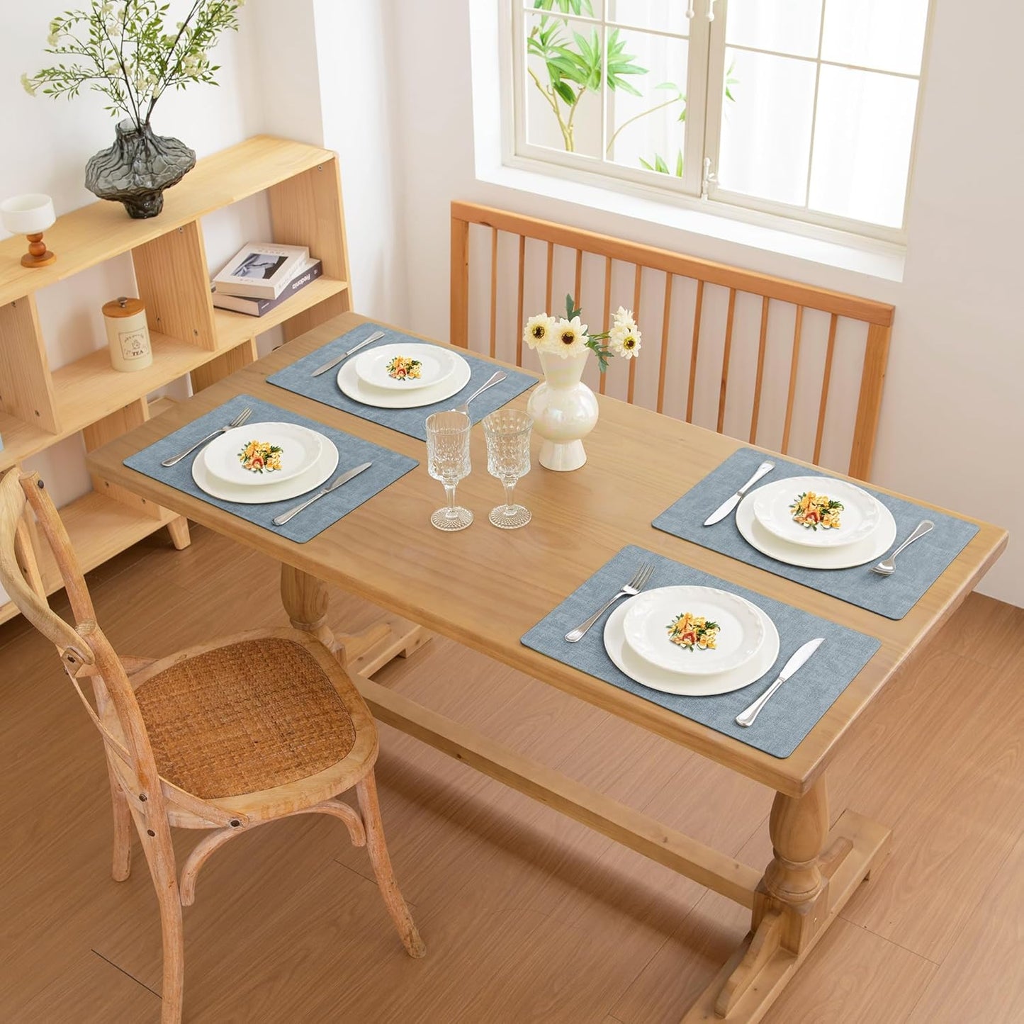 FROMHEART Faux Leather Placemats Set of 6–Waterproof,Heat/Oil Stain-Resistant PU Table Mat–Reversible,Non-Slip,Easy to Clean Place Mats for Kitchen,Dining,Indoor/Outdoor,(Light Blue,11.8" x 17")