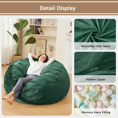 Bean Bag Chairs for Adults - Memory Foam Furniture BeanBag Chair - Kids/Teens Sofa with Soft Micro Fiber Cover - Round Fluffy Couch for Living Room Bedroom College Dorm - 3 ft, Green