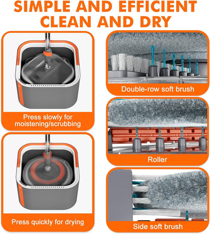 Upgraded Spin Mop and Bucket Set Self-Standing Mop Bucket Separate Dirty and Clean Water System Self Wringing 360° Rotating 90° Foldabl Mops and Buckets for Floor Cleaning (Dark Gray, 2Pads)