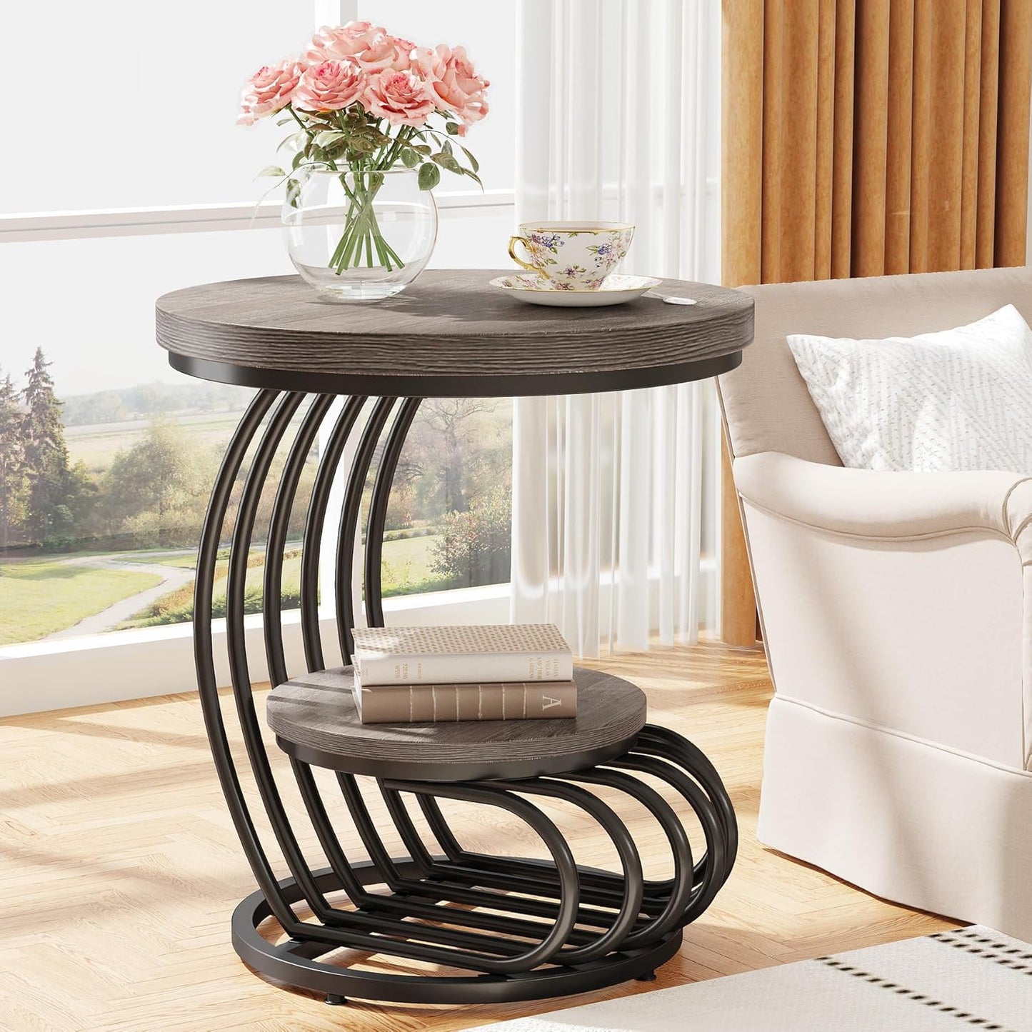 Tribesigns Round End Table: 2 Tiers Wood Side Table with Storage Shelf, Rustic Gray Bedside Nightstand, Metal Arc-Shaped Frame Accent Table for Living Room, Bedroom