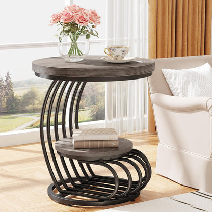 Tribesigns Round End Table: 2 Tiers Wood Side Table with Storage Shelf, Rustic Gray Bedside Nightstand, Metal Arc-Shaped Frame Accent Table for Living Room, Bedroom