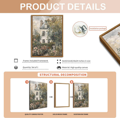 Floating Framed Canvas Vintage Wall Art, Neutral English Cottage Rose Garden Oil Paintings Print, Spring Pictures Wall Decor for Living Room Hallway Bedroom Office Rustic Decor 8x10 inch