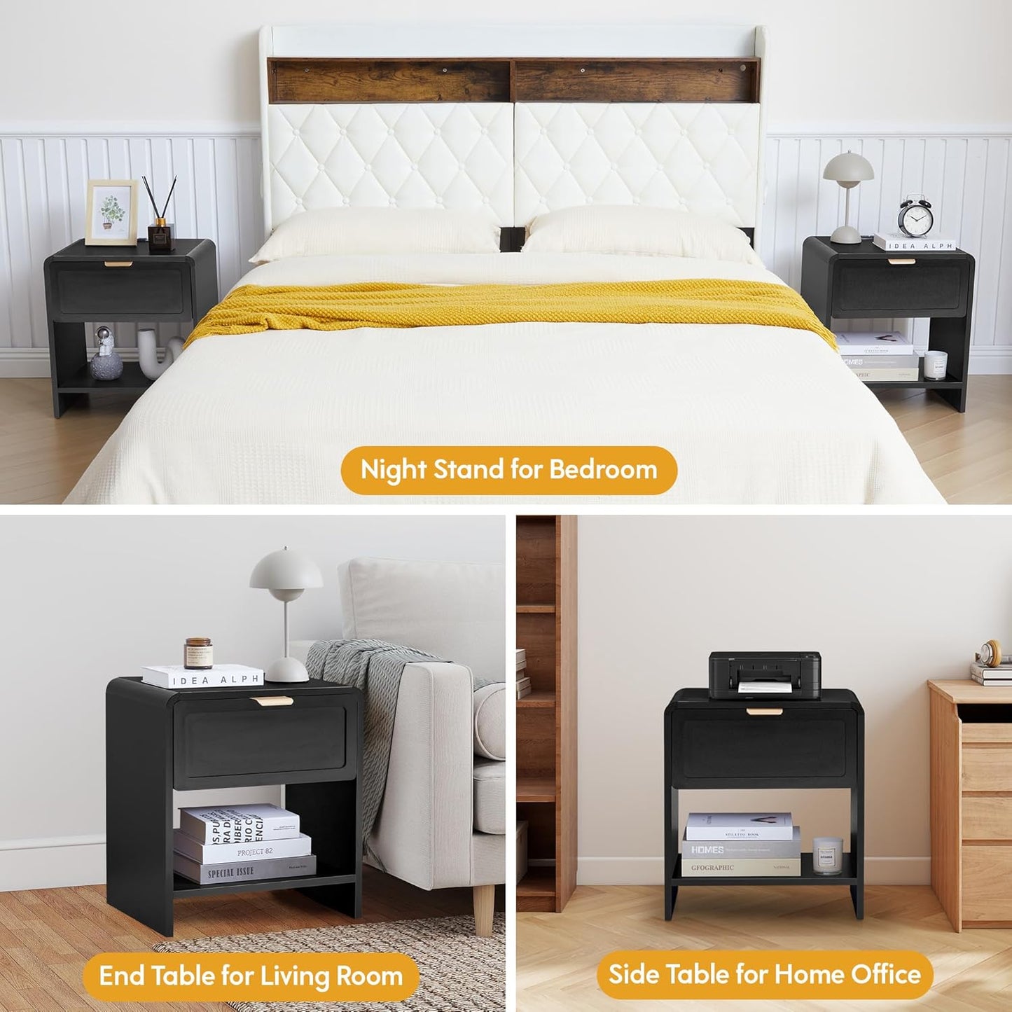 LEVNARY Nightstand with Charging Station, Mid-Century Modern Bedside Table with Curved Top Corners and Storage Drawer, Wooden End Table for Farmhouse Bedroom Living Room (1, Black)