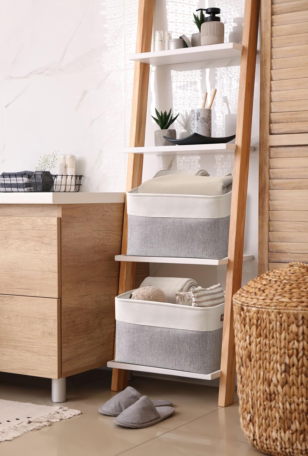 DECOMOMO Storage Bins Fabric Storage Baskets for Shelves, Linen Closet Organization Toys Nursery (Grey and White, Large - 1 Pack)