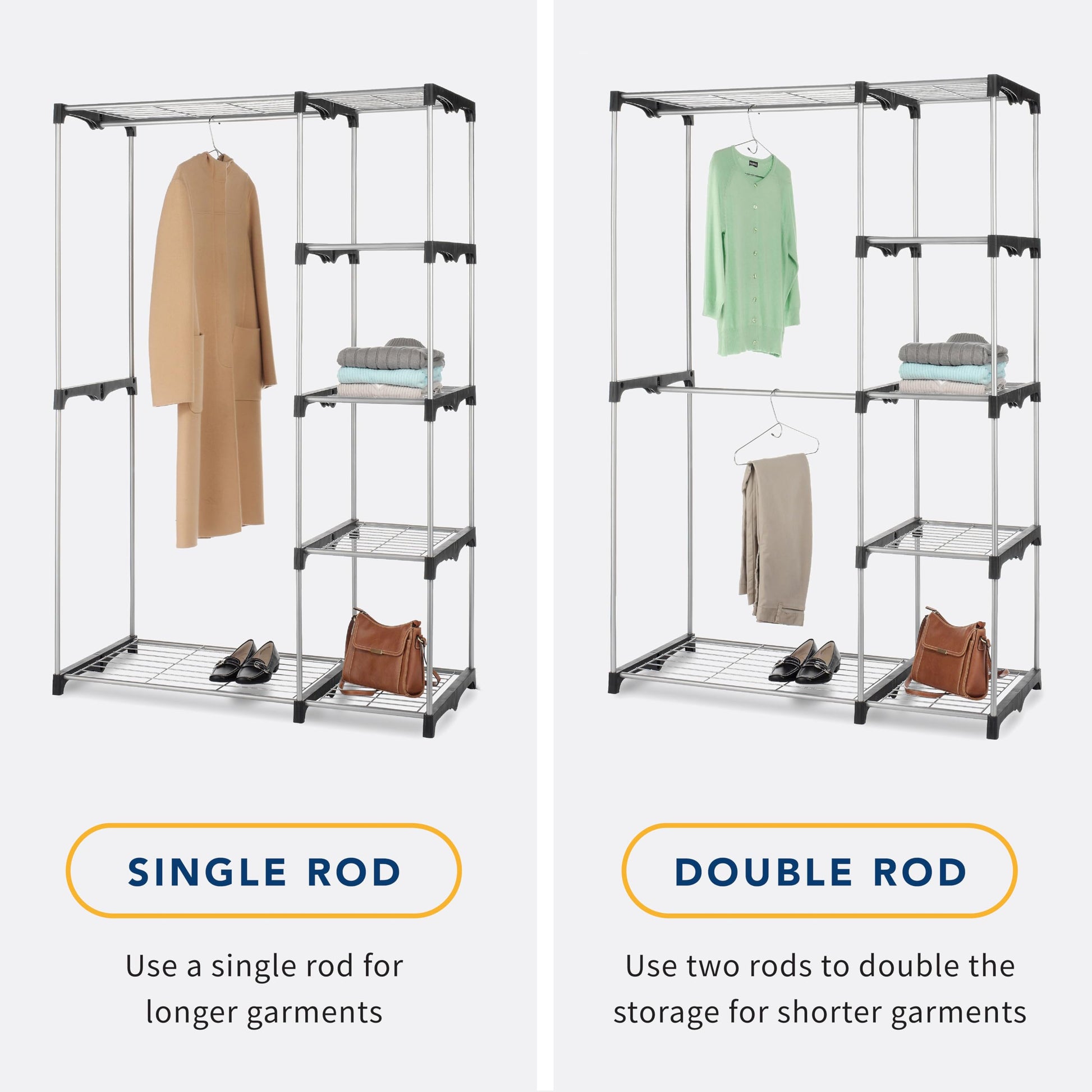 Whitmor Double Rod Freestanding Closet Organizer, Silver