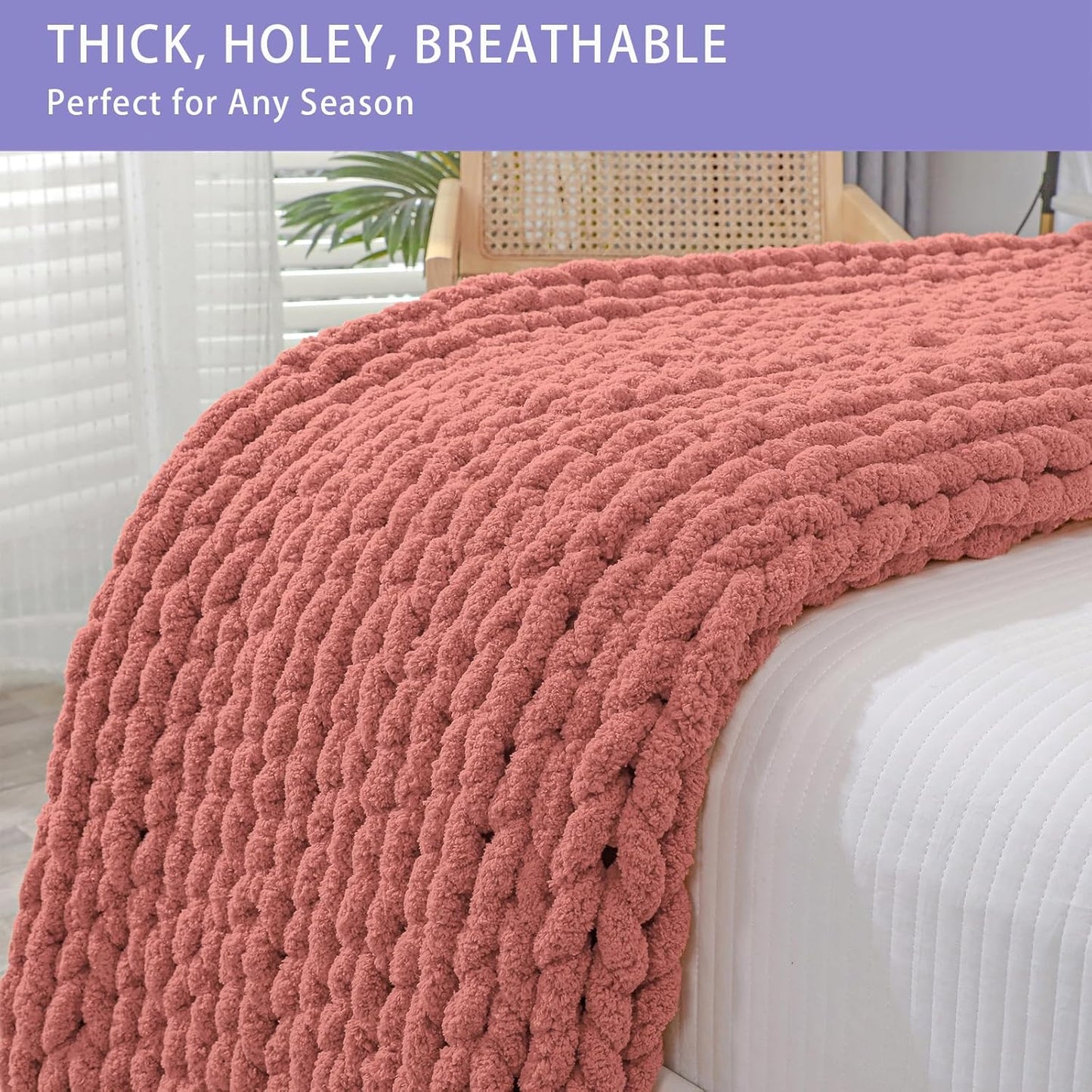 Bigacogo Chunky Knit Throw Blanket for Couch, 51x63 inches, 100% Hand Knitted with Thick Jumbo Chenille Yarn, Cozy Soft Large Rope Knot Cable Crochet Blankets for Sofa Bed Living Room, Antique Red