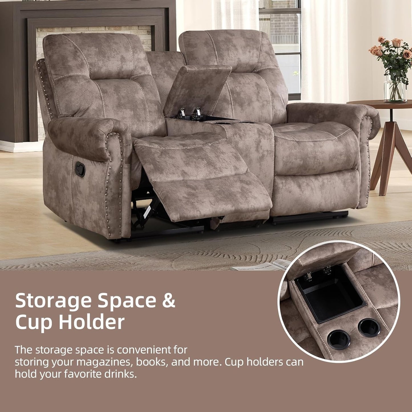 EBELLO Manual Recliner Loveseat Sofa, 2 Seater Reclining Couch Chair with Center Console, Hidden Storage and Cup Holders, Vintage Rivet Mid-Century Design for Living Room, Meeting Room, Brown