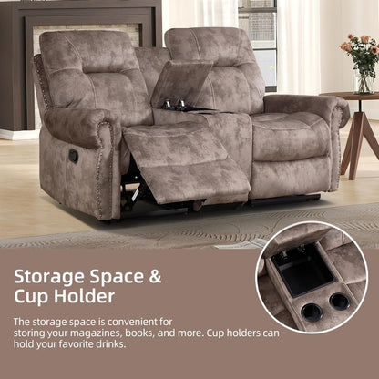 EBELLO Manual Recliner Loveseat Sofa, 2 Seater Reclining Couch Chair with Center Console, Hidden Storage and Cup Holders, Vintage Rivet Mid-Century Design for Living Room, Meeting Room, Brown