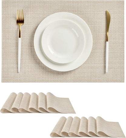 Leetaltree Beige Placemats Set of 12 - Heat Resistant Non-Slip Place mats for Dining Table, Washable Durable PVC Vinyl Woven Table Mats（Beige, 12）