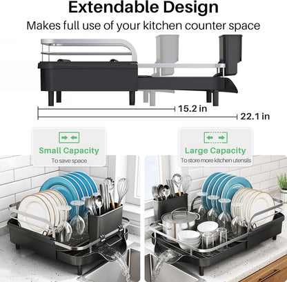 Dish Drying Rack, Expandable Dish Rack for Kitchen Counter, Stainless Steel Dish Drainer with Drainboard Set and Utensil Holder (Black)