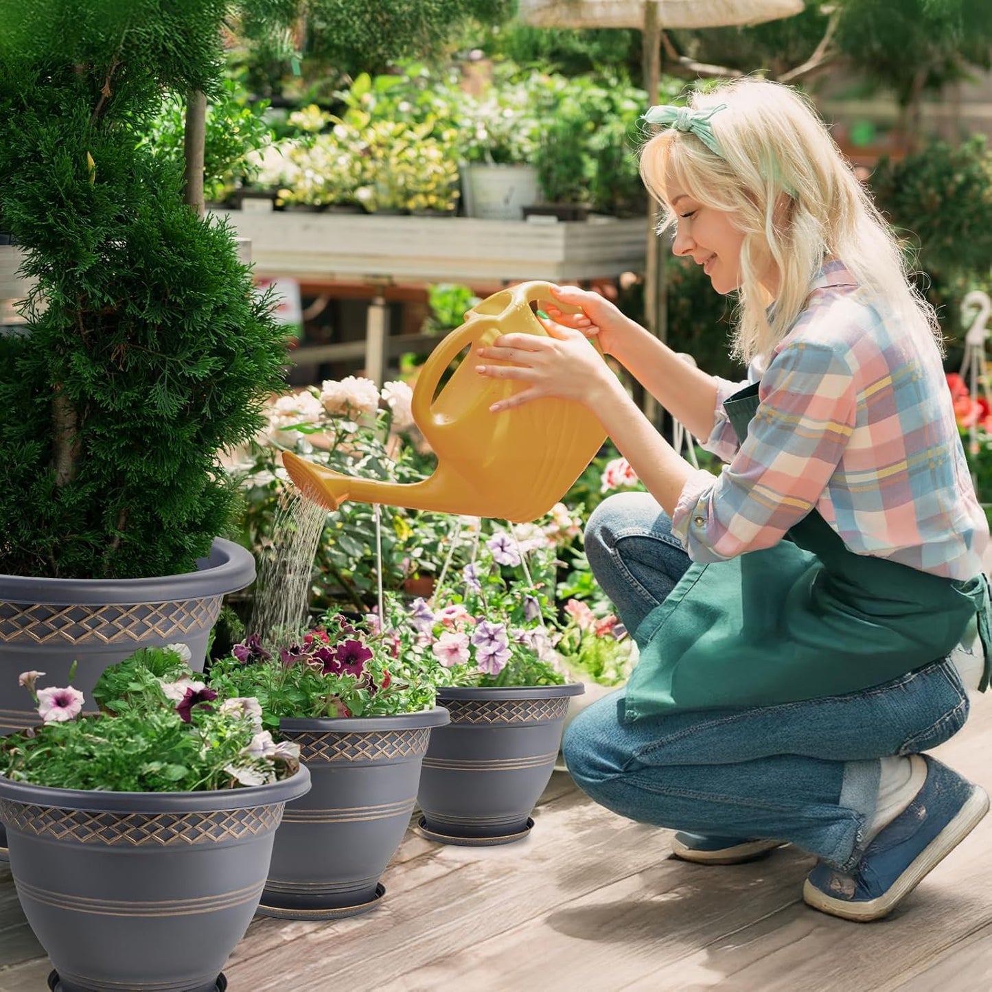 4 Pack 12 Inch Large Plant Pots, Plastic Flower Pot for Indoor & Outdoor with Drainage Holes & Saucer, Plaid Pattern Planters Garden Pots for Herbs