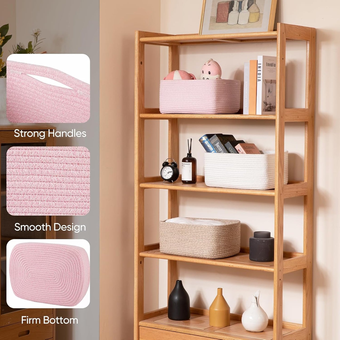 OIAHOMY 4 Pack 14.17*11.02*6.3IN Storage Baskets for Organizing Shelves, Woven Rope Baskets for Organizing Books, Clothes, Decorative Basket for Living Room, Nursery, Bedroom, Gift Basket, Pink