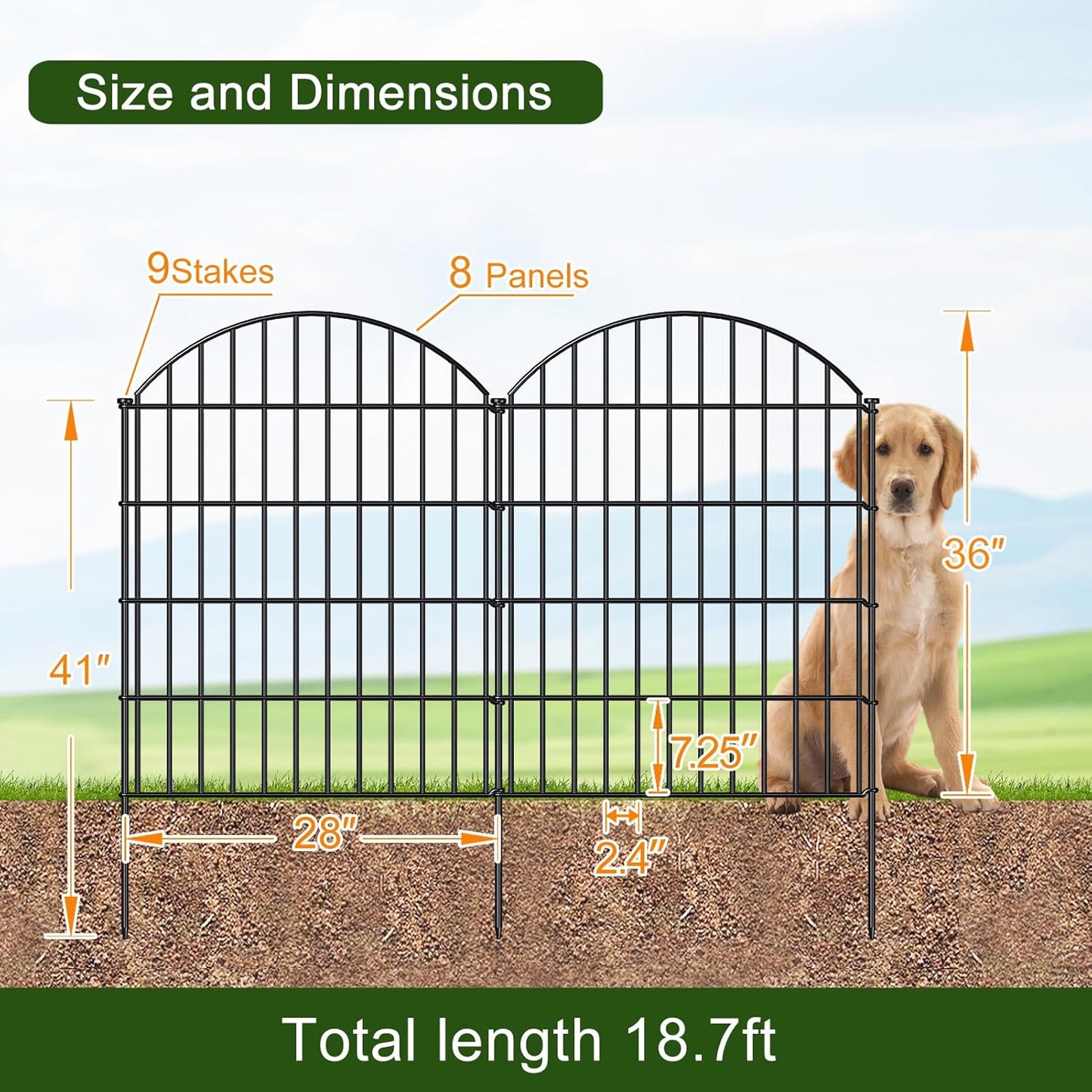 Metal Garden Fence 36in (H) x 18.7ft (L), 8 Panels +9 Stakes Dog Fence Border Fence Animal Barrier, No Dig Garden Fencing for Yard Flower Bed Lawn Patio Outdoor,CTW3608 Black