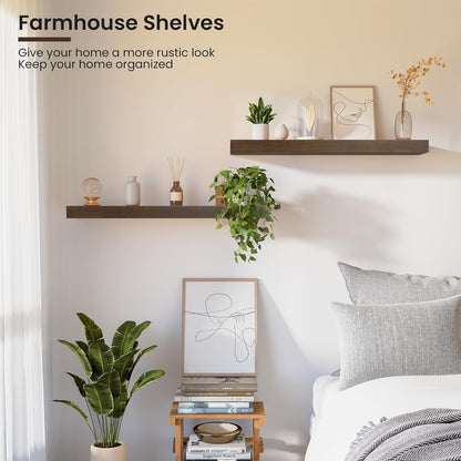 Wood Floating Shelves for Wall 24” x 8”x 1.4” Shelf Floating Rustic Farmhouse Decor, Heavy Duty Shelf Hold 60 lbs, Wall Shelves for Bathroom Living Room Kitchen Bedroom Office, 2 Packs Walnut