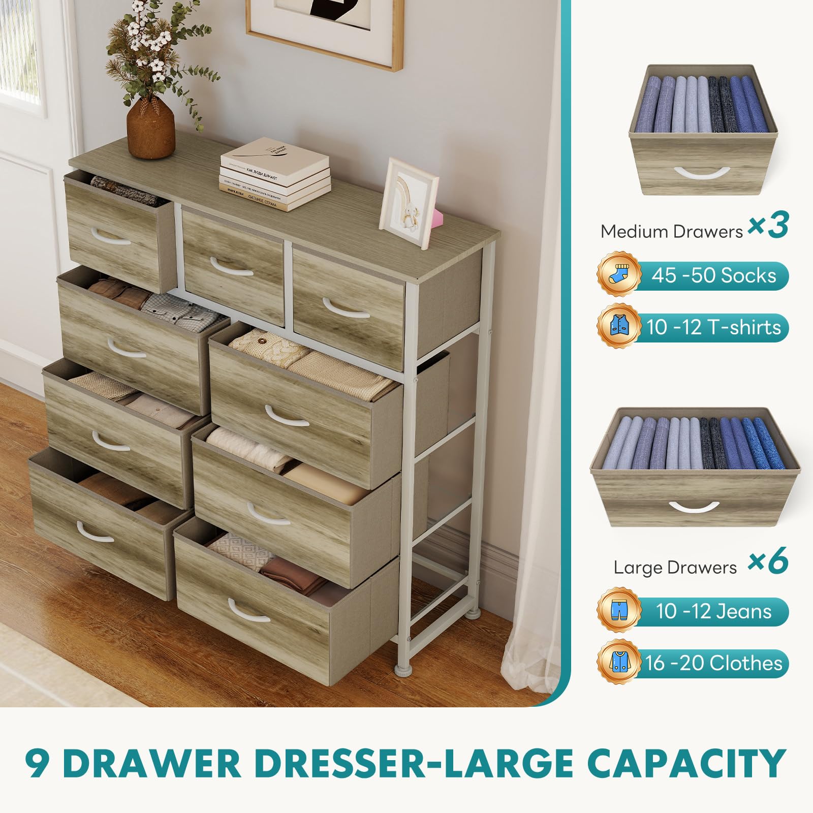 OLIXIS 9 Drawer Tall Dresser for Bedroom, Closet Organizers and Storage