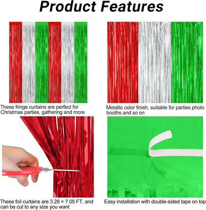 2 Pack Christmas Backdrop, 3.28 FT x 7.05 FT Red Silver Green Party Streamer, Metallic Xmas Backdrop Fringe Curtains Foil Tinsel, Christmas Decorations Wall Decor Photo Booth Props