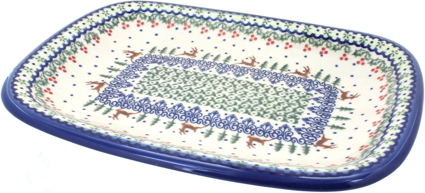 Blue Rose Polish Pottery Reindeer Delight Medium Rectangular Serving Platter
