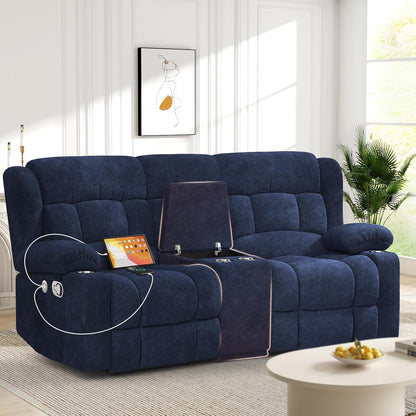 Loveseat Recliner Sofa, 2 Seater Curved Sofa for Living Room, Fabric Manual Pull Tab Reclining Loveseat with Storage Console, Recliner Loveseat Couches with USB Charge Ports, Cup Holders, Blue