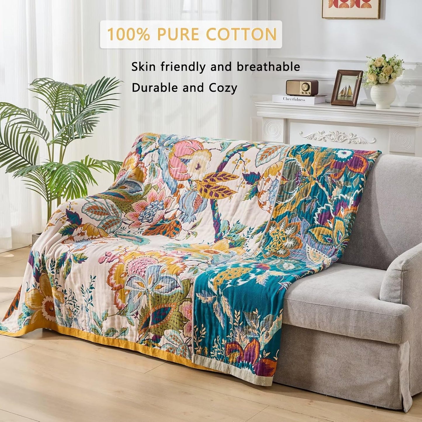 Ultra Soft Lightweight Cotton Quilts,Cozy Summer Boho Throw Blankets,Lightweight Reversible Muslin Blanket Decor Blankets for Armchair Travel, 80"x90" Large Muslin Mexican Throw Blanket