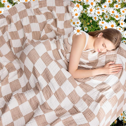EMME Checkered Cotton Blanket Twin Large 60"x80" 100% Muslin for Couch Breathable Cooling Gauze All Season Soft and Lightweight Pre-Washed (Light Tan)