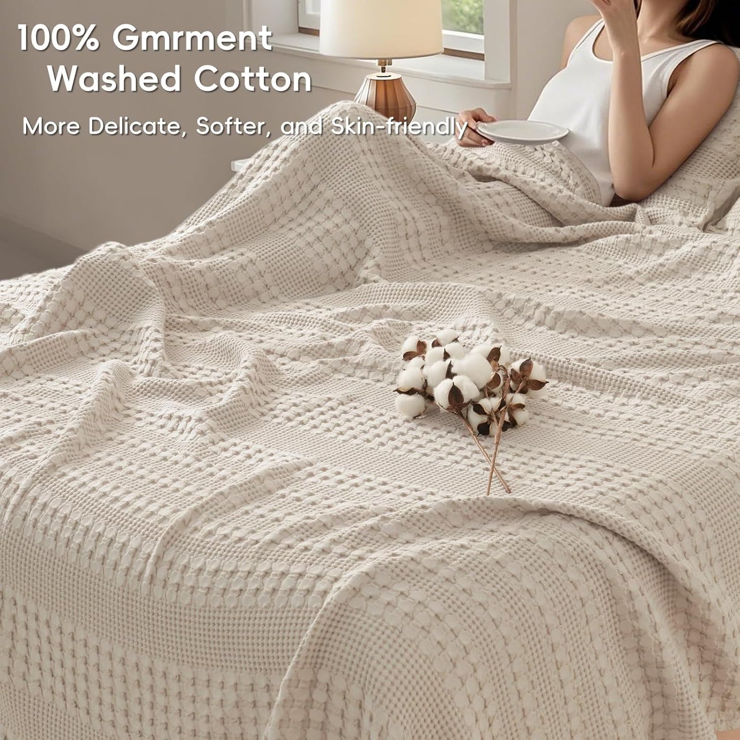 PHF 100% Cotton Waffle Blanket Oversized King 120"x120", Lightweight Breathable Extra Large 10'x10' Summer Blankets for Bed, Giant Big Luxury Aesthetic Woven Bedding for Home Decor, Oatmeal